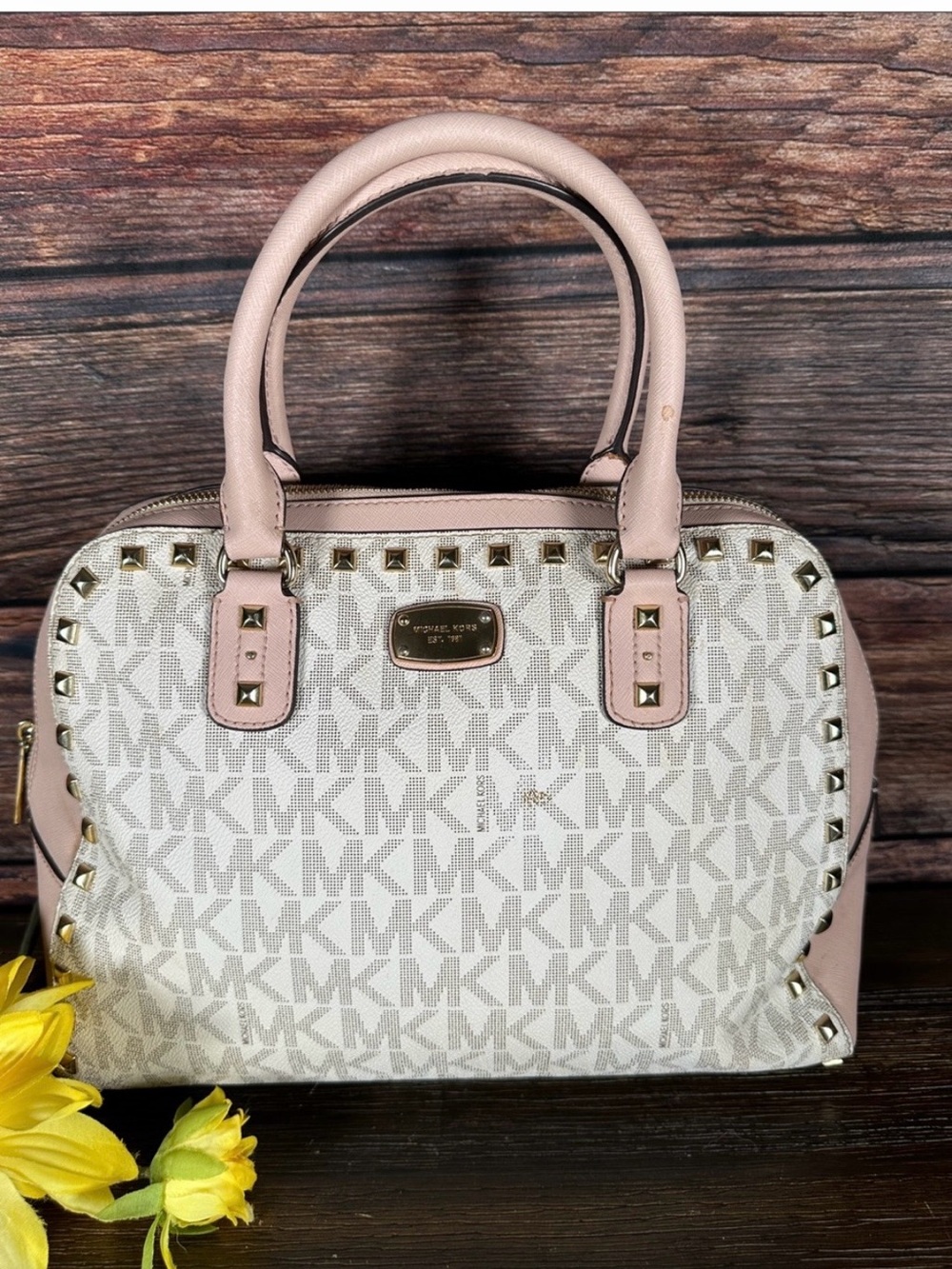 Michael Kors White & Pink Signature Studded Satchel